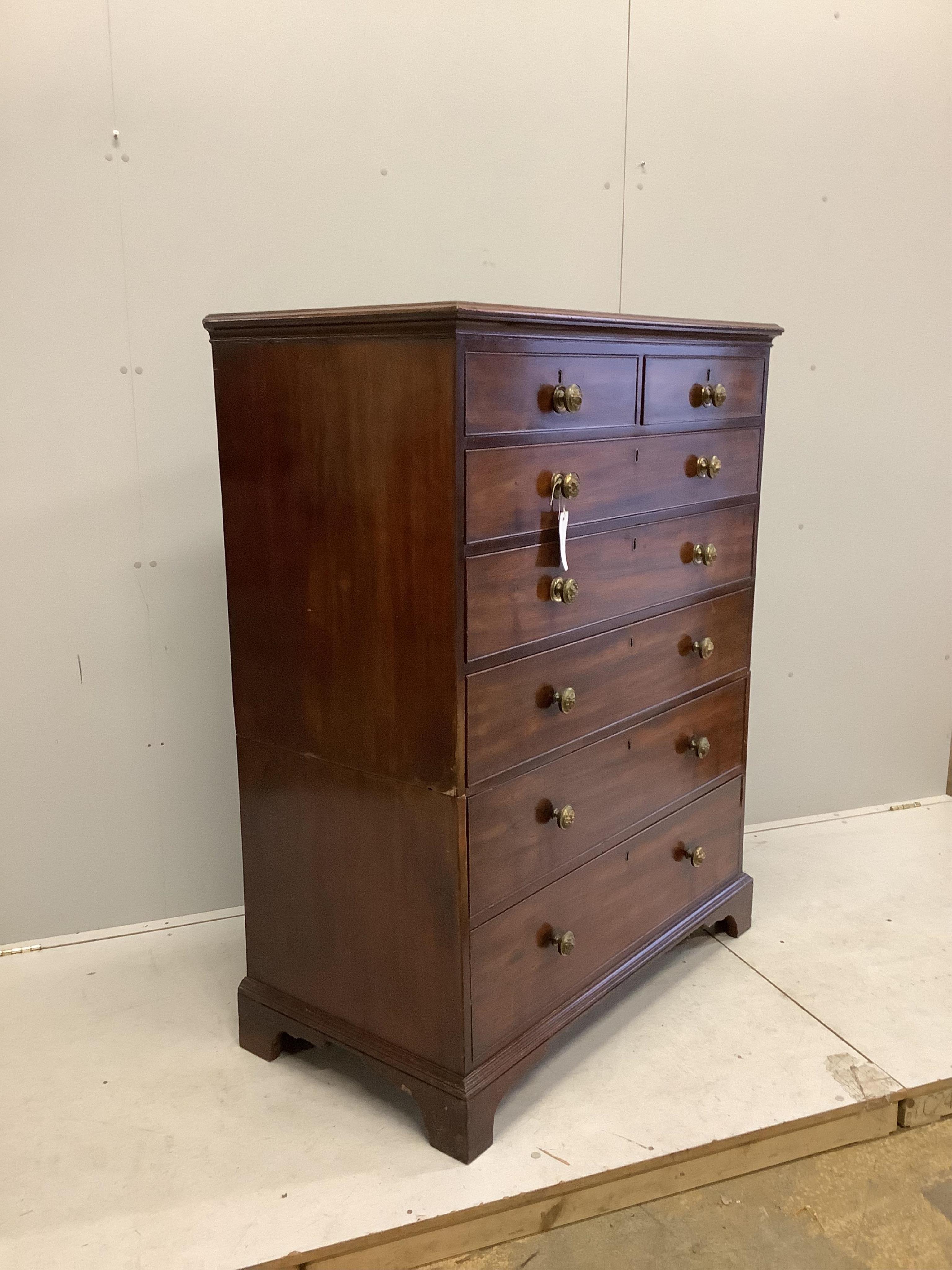 A George IV mahogany two part chest of two short and five long drawers, width 111cm, depth 58cm, height 142cm. Condition - fair